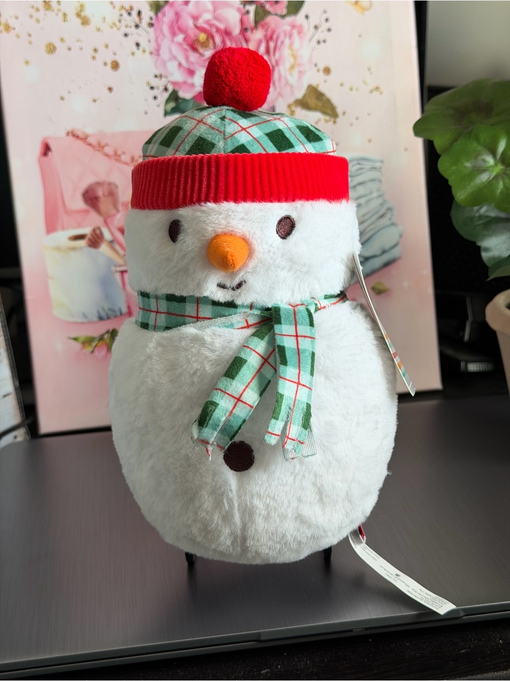 Plush White Snowman Holiday Decor with Red Hat and Green Plaid Scarf
